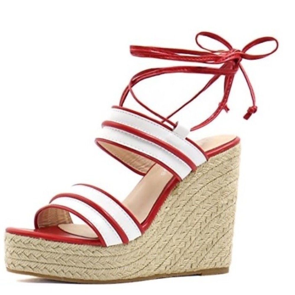 Allegra K Women's Espadrille Wedges 8.5  Striped Ankle Tie  Red And White‎ NEW